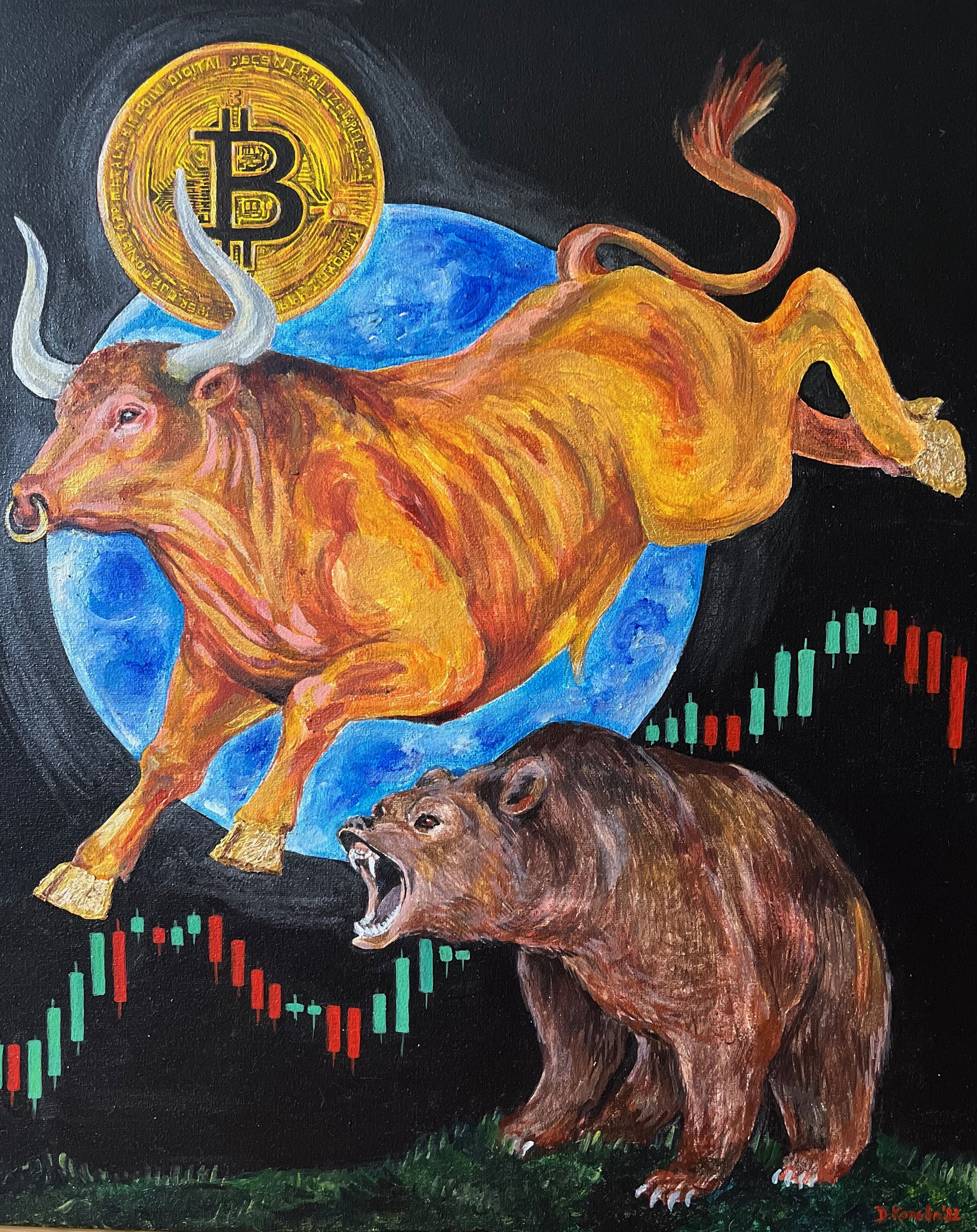 "Bull and Bear Market. Crypto world", 2022, акрилни бои върху платно, позлата варак, художник Диляна Колева